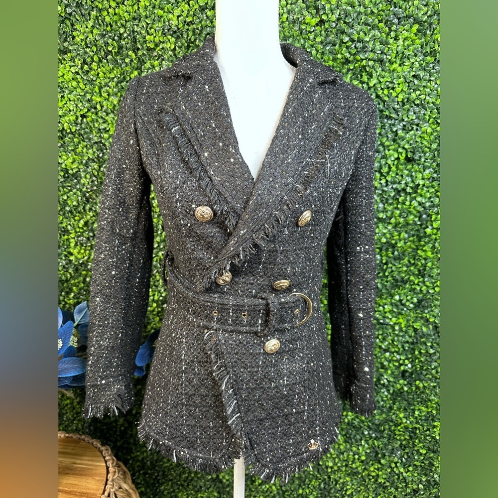 Nwt Black Tweed raw hem Women's pea Coat with belt preppy chic - Picture 3 of 15